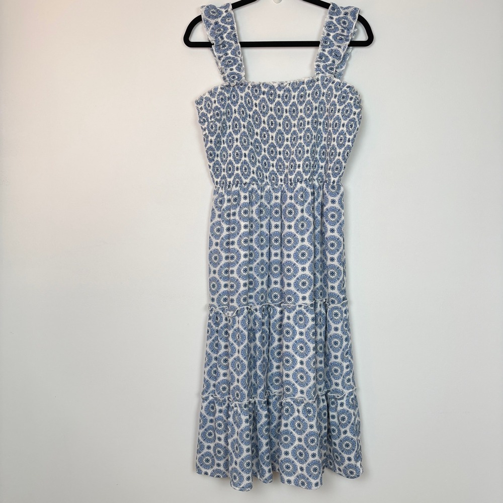 As U Wish Womens Blue Medallion Print Smocked Tiered Ruffle Midi Dress Sz L Boho